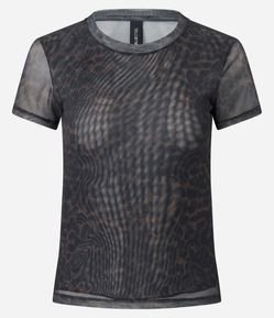 Blusa em Tule com Estampa Sombreada de Onça e Golinha