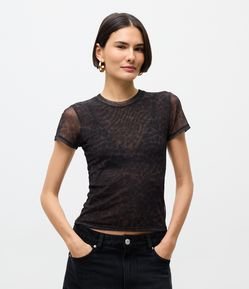 Blusa em Tule com Estampa Sombreada de Onça e Golinha