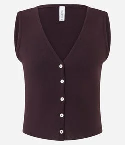 Colete em Tricô com Gola V e Abotoamento Frontal