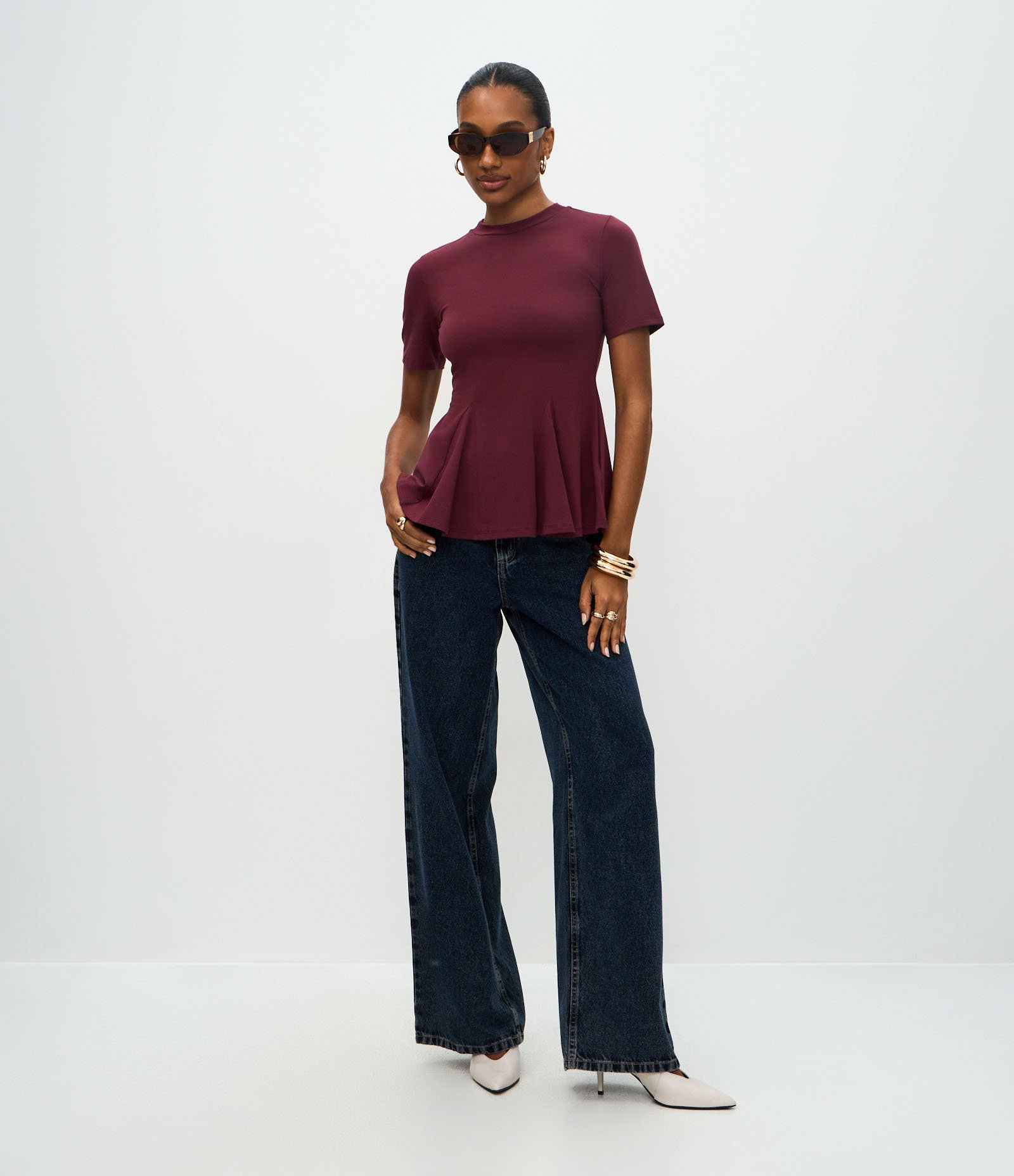 Blusa Peplum em Algodão com Manga Curta Vinho 2