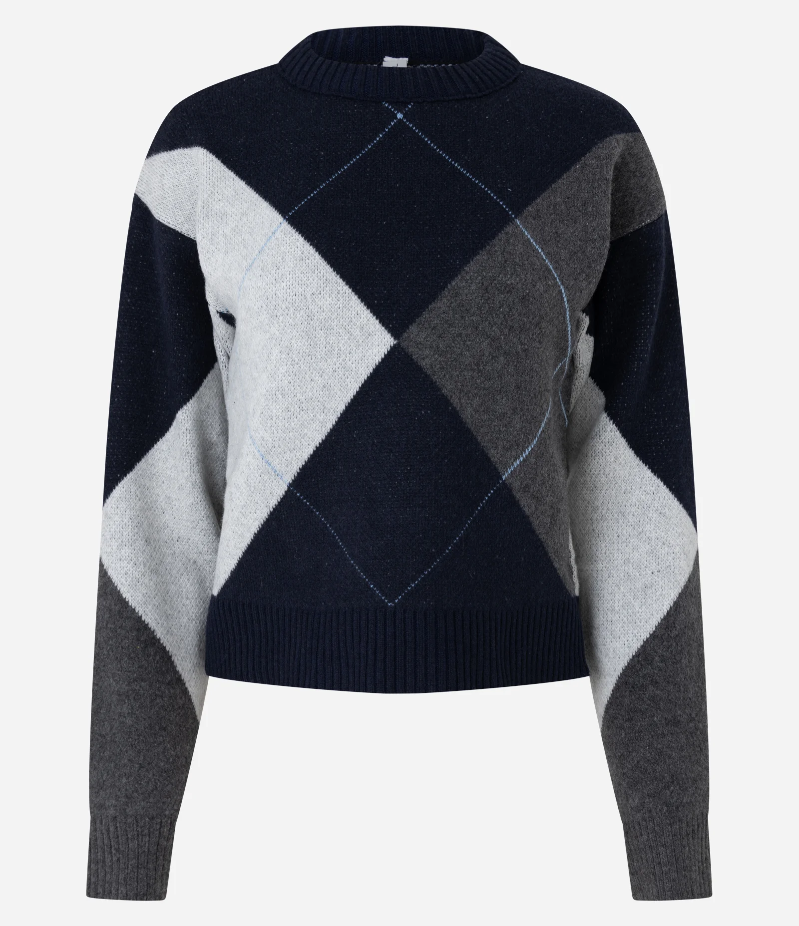 Suéter em Tricô Xadrez Argyle com Manga Longa Azul 1
