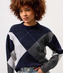 Suéter em Tricô Xadrez Argyle com Manga Longa