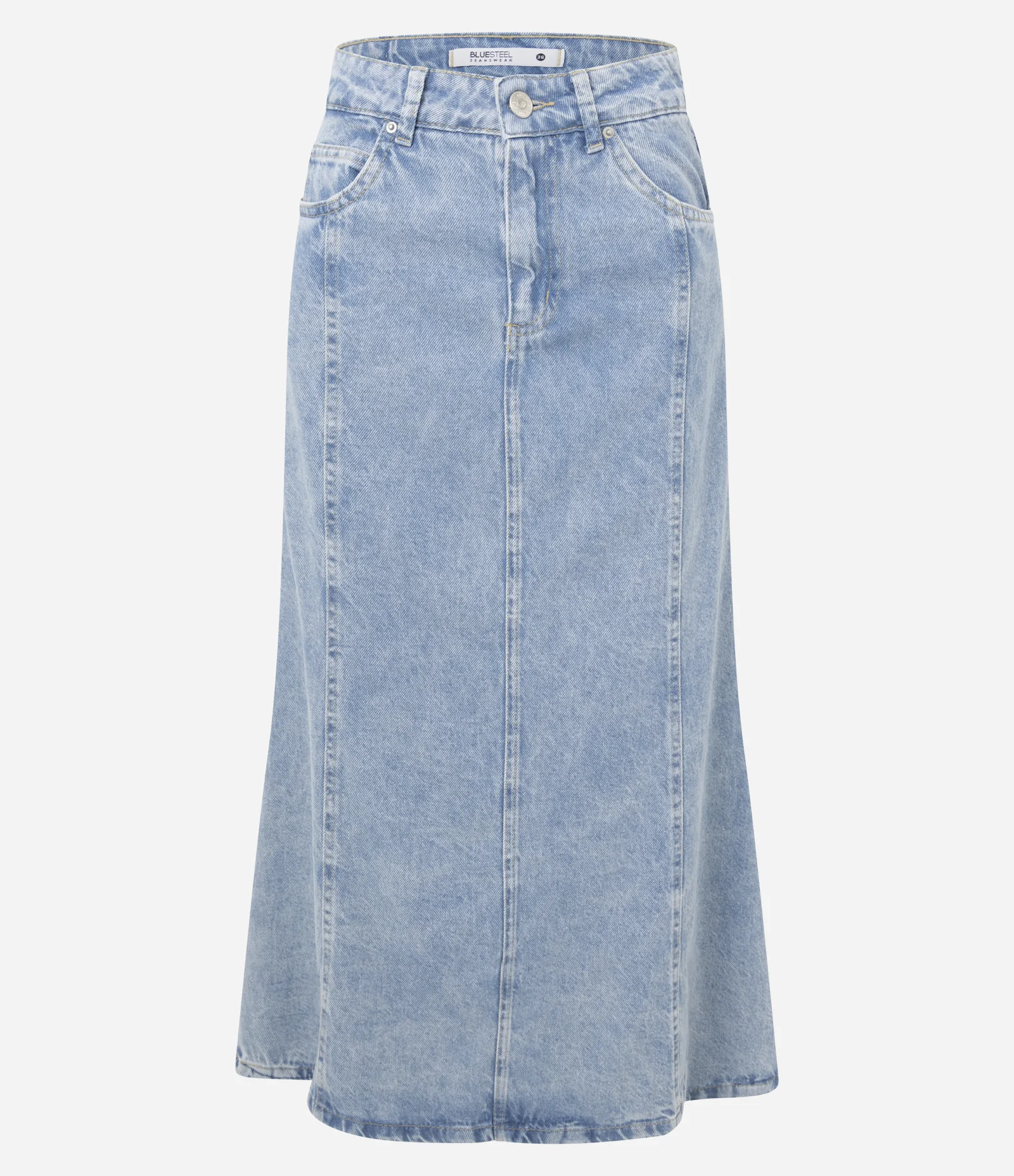 Saia Midi Em Jeans Com Recortes e Cintura Media Azul 1