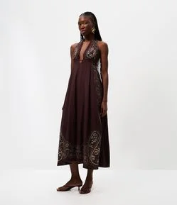 Vestido Frente Única Longo em Viscose com Estampa Paisley