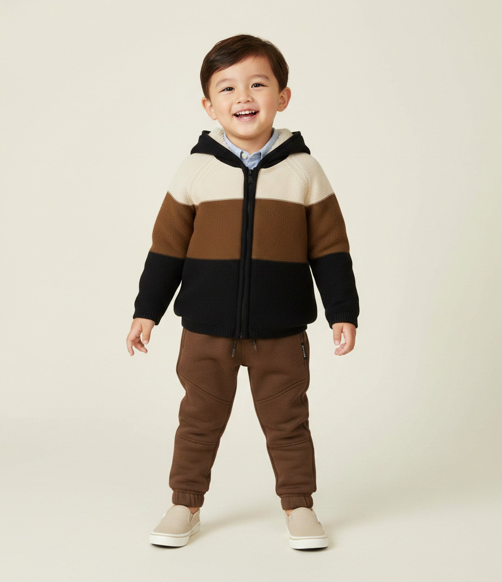 Jaqueta Infantil em Tricô com Forro em Sherpa – Tam 1 a 6 Anos Bege/Marrom/Preto 1