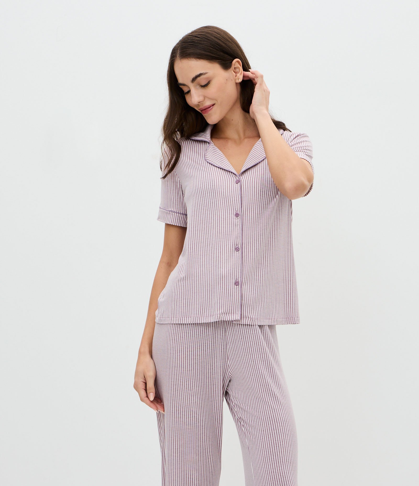 Pijama Americano Listrado com Manga Curta Branco/Rosa 3