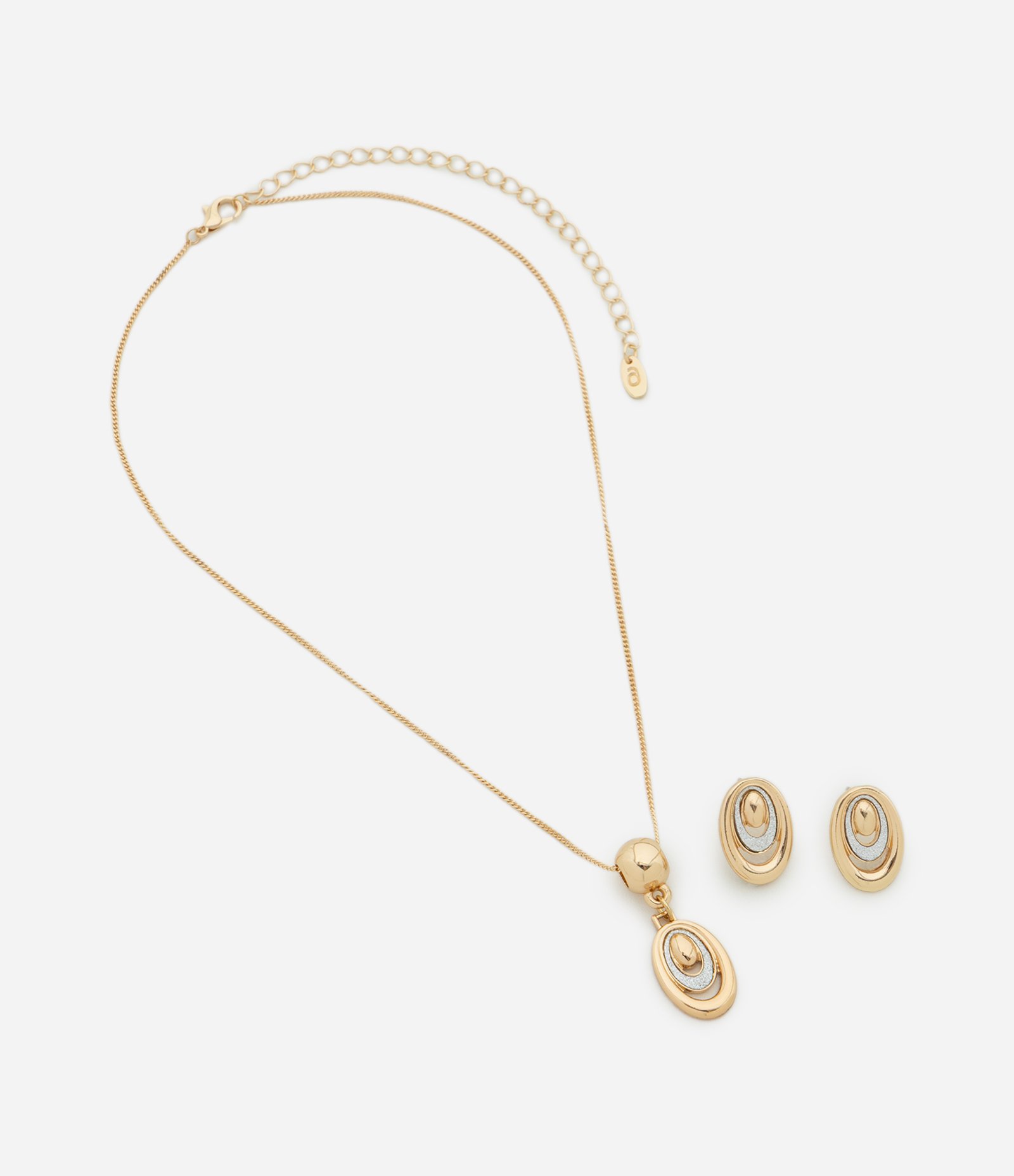 Conjunto de Colar com Pingente Oval e Brincos Botão Dourado 1