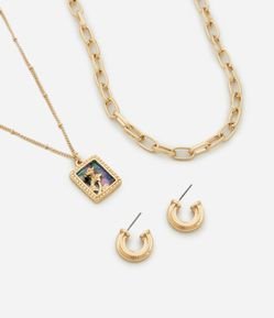 Conjunto de Colar Camadas com Pingente de Flor e Brincos Argola