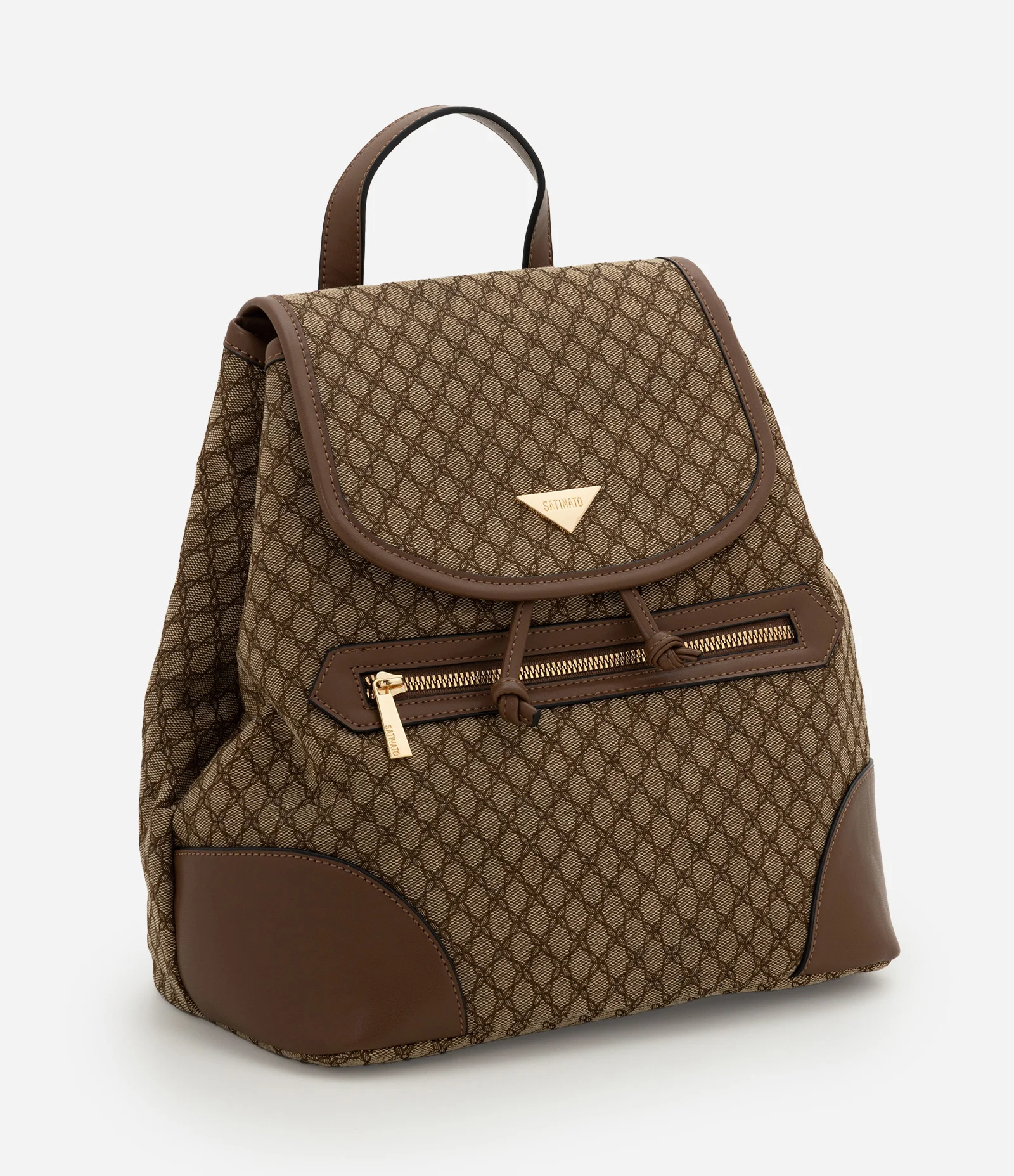 Mochila em PU com Estampa Geométrica Marrom/ Bege 1