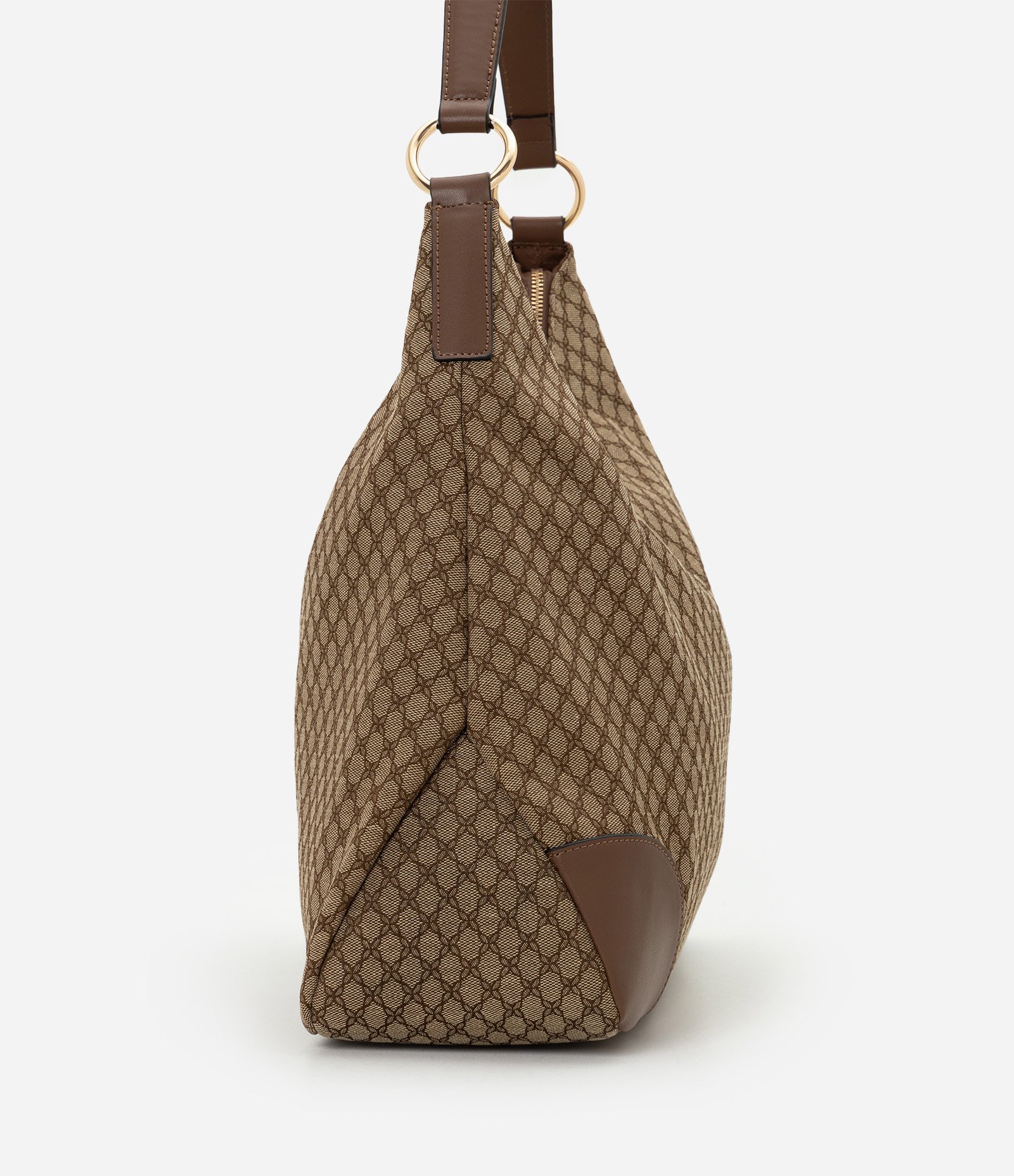 Bolsa Hobo Grande em PU com Textura Geométrica Marrom 2