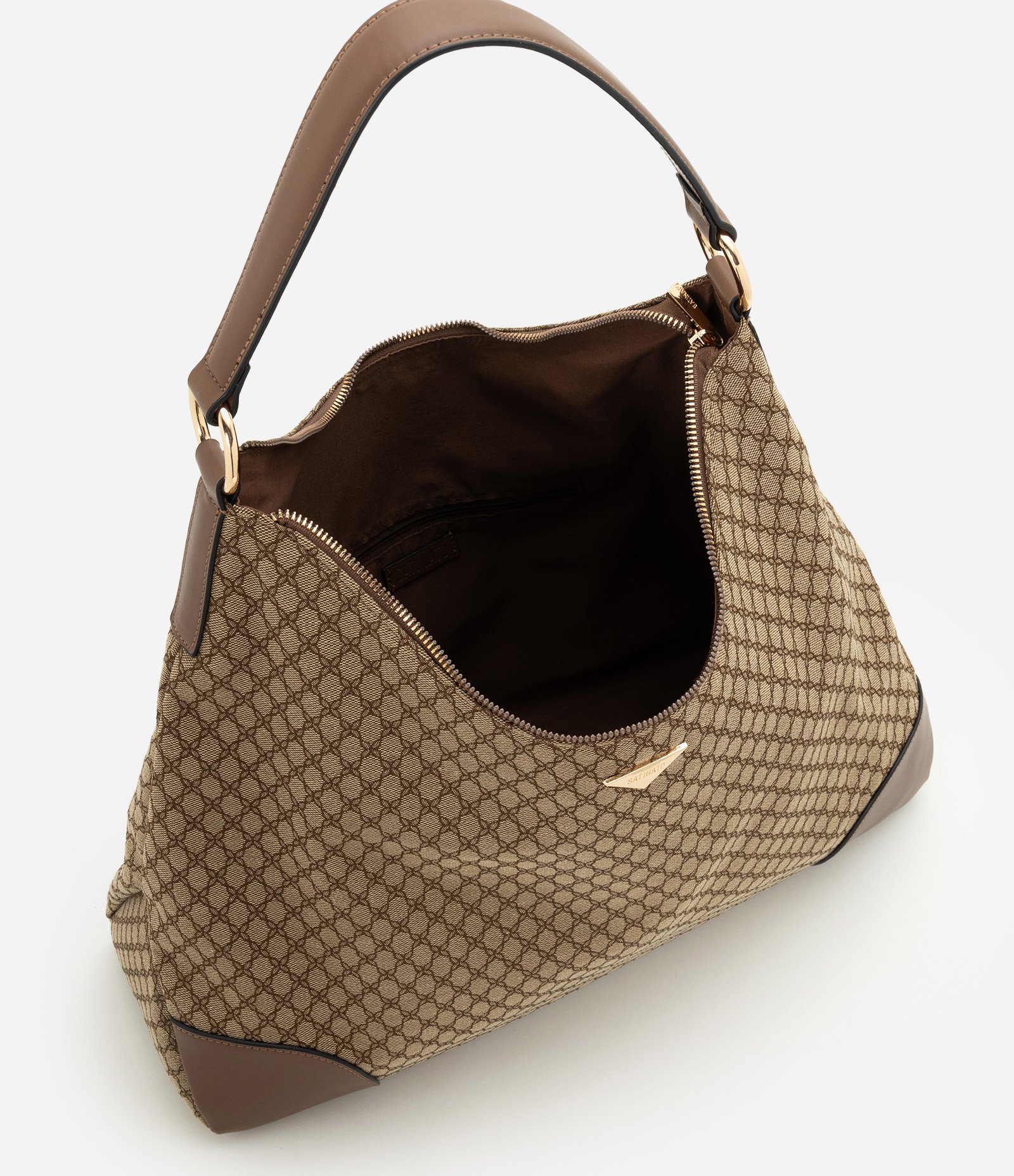 Bolsa Hobo Grande em PU com Textura Geométrica Marrom 6