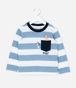 Camiseta Infantil Listrada com Estampa Bluey no Bolso – Tam 2 a 6 Anos