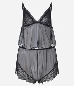 Pijama Short Doll em Tule com Detalhes em Renda