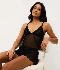 Pijama Short Doll em Tule com Detalhes em Renda