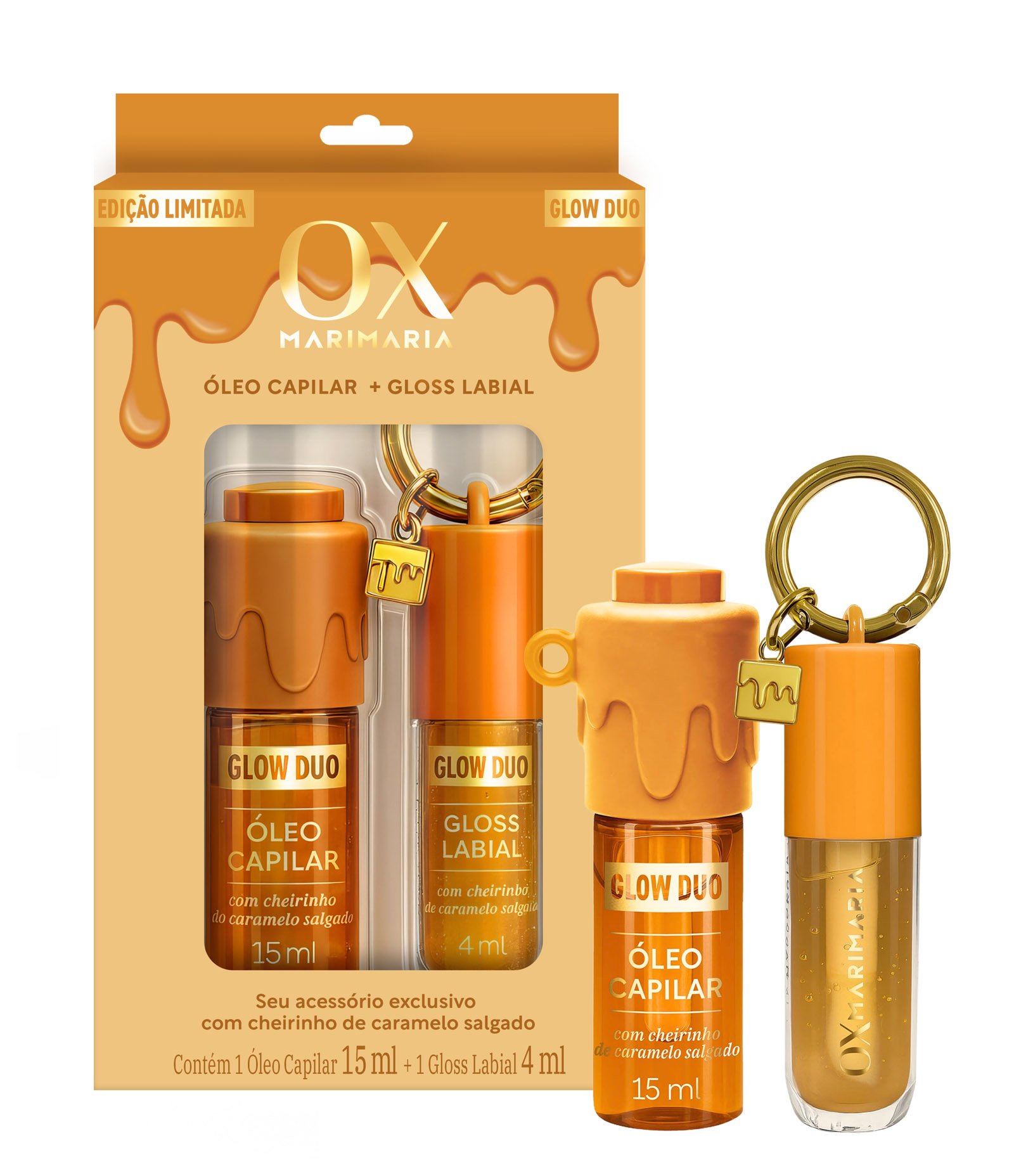 Kit Óleo Capilar 15 ml + Gloss Labial 4 ml Especial Glow Duo Caramelo Salgado OX Mari Maria KIT 3