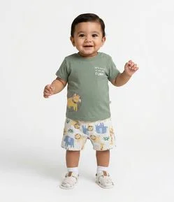 Conjunto Camiseta e Bermuda Bebê com Estampa de Animais - Tam 0 a 18 Meses