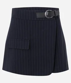 Short Saia Alfaiatado em Ponto Roma com Cinto Lateral e Risca de Giz