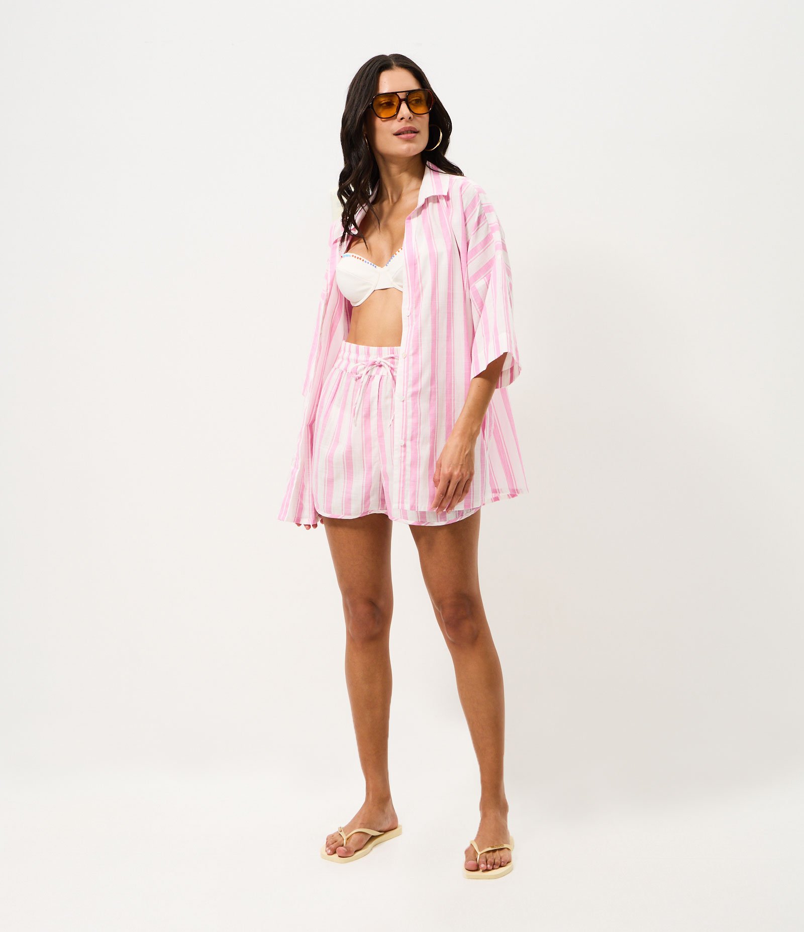 Saída de Praia Short Listrado Fio Tinto Rosa 5
