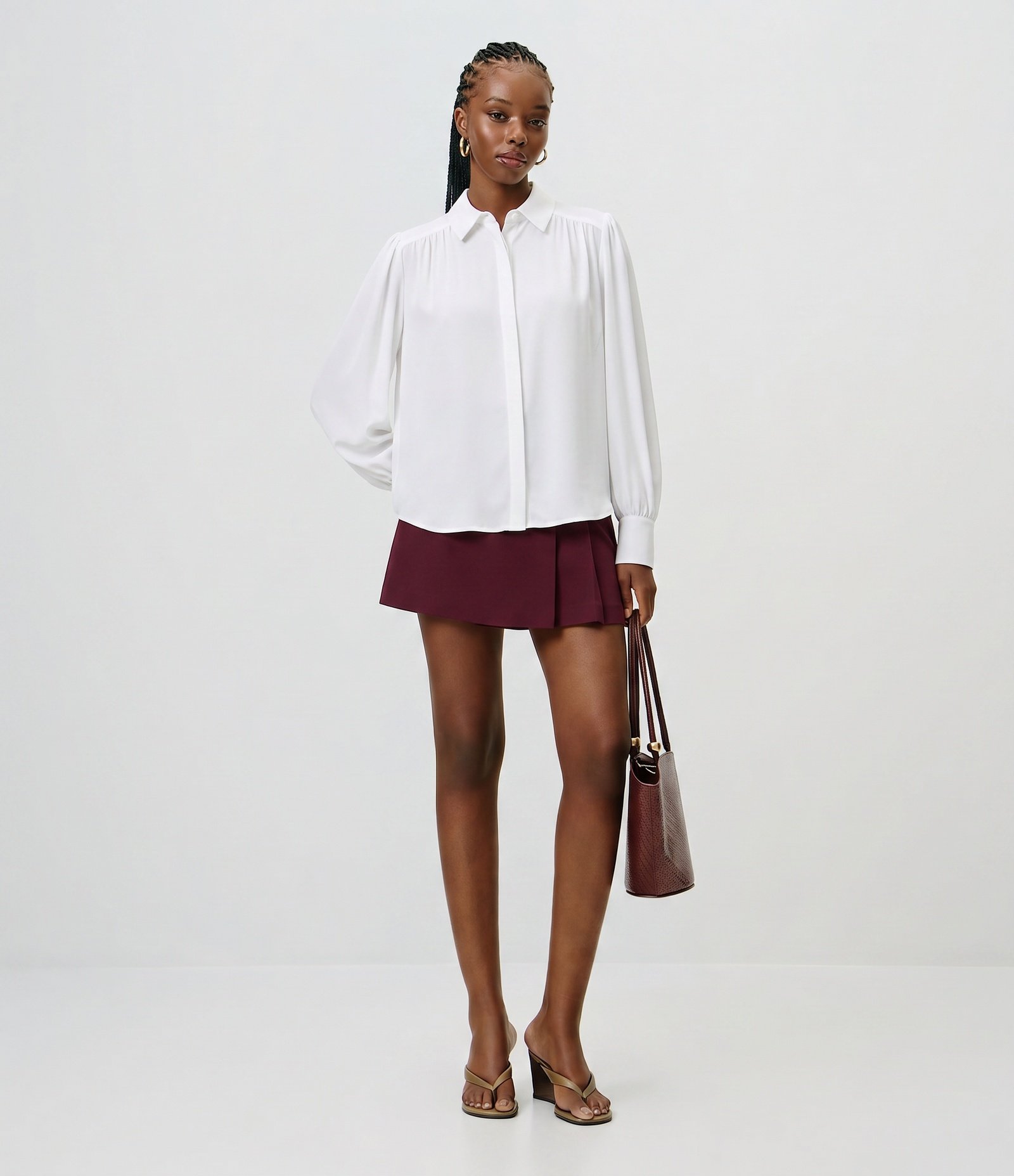Camisa em Crepe com Manga Longa e Franzido no Ombro Branco 1