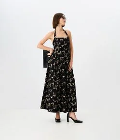 Vestido Midi com Estampa Floral e Decote Quadrado