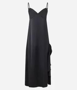 Vestido Slip Acetinado com Fenda Lateral