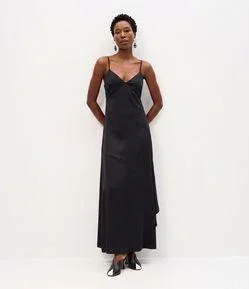 Vestido Slip Acetinado com Fenda Lateral