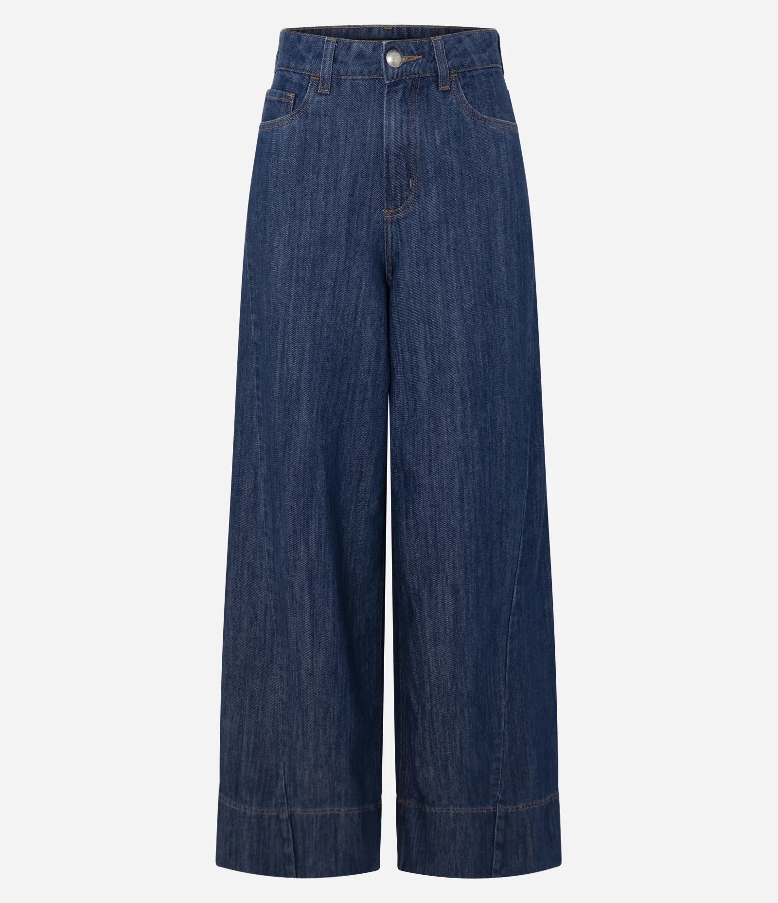 Calça Pantalona em Jeans com Detalhamento Frontal e Cintura Alta Azul Escuro 2