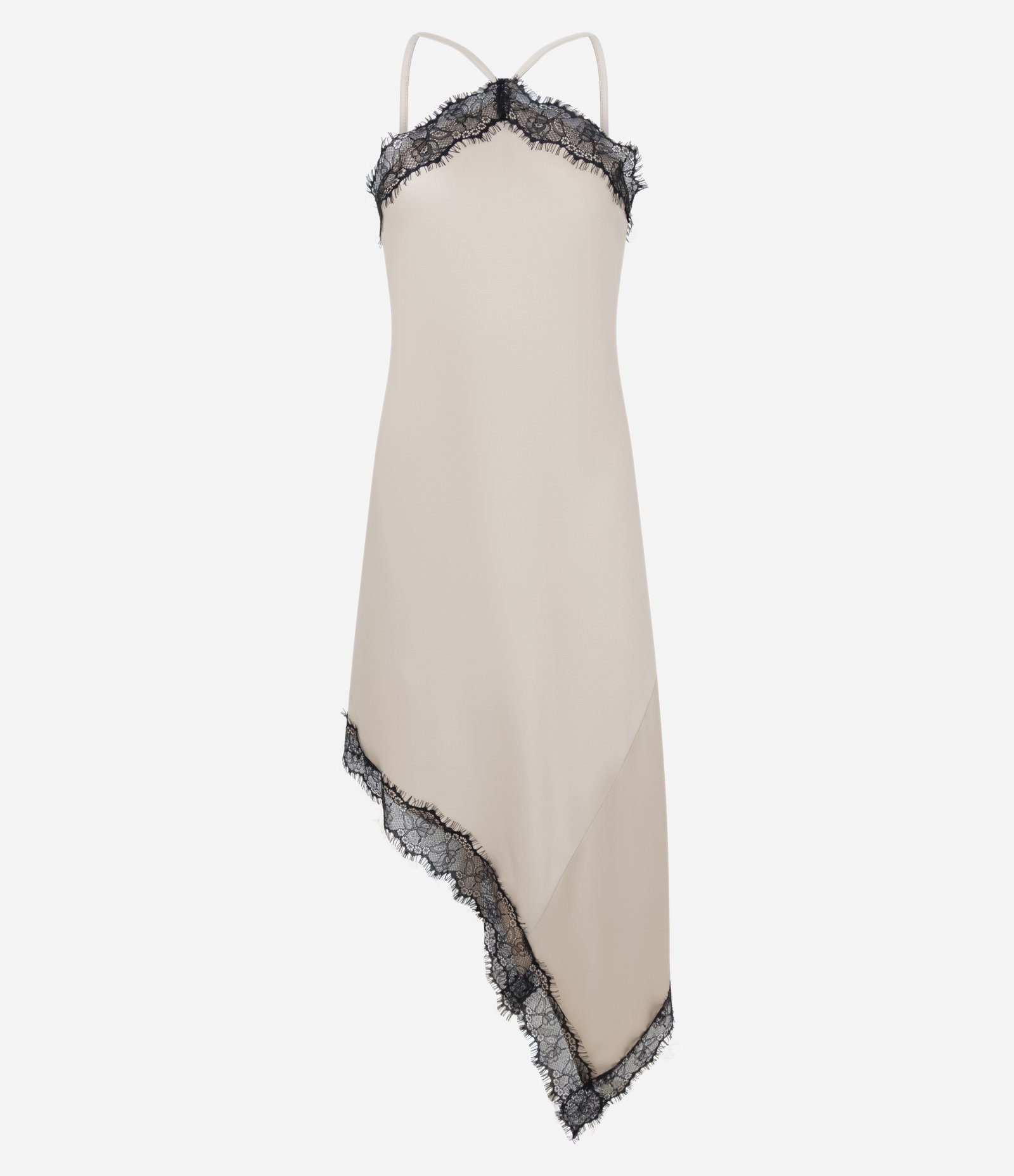 Vestido Midi em Cetim com Barra Assimétrica e Detalhes em Renda Champagne 7