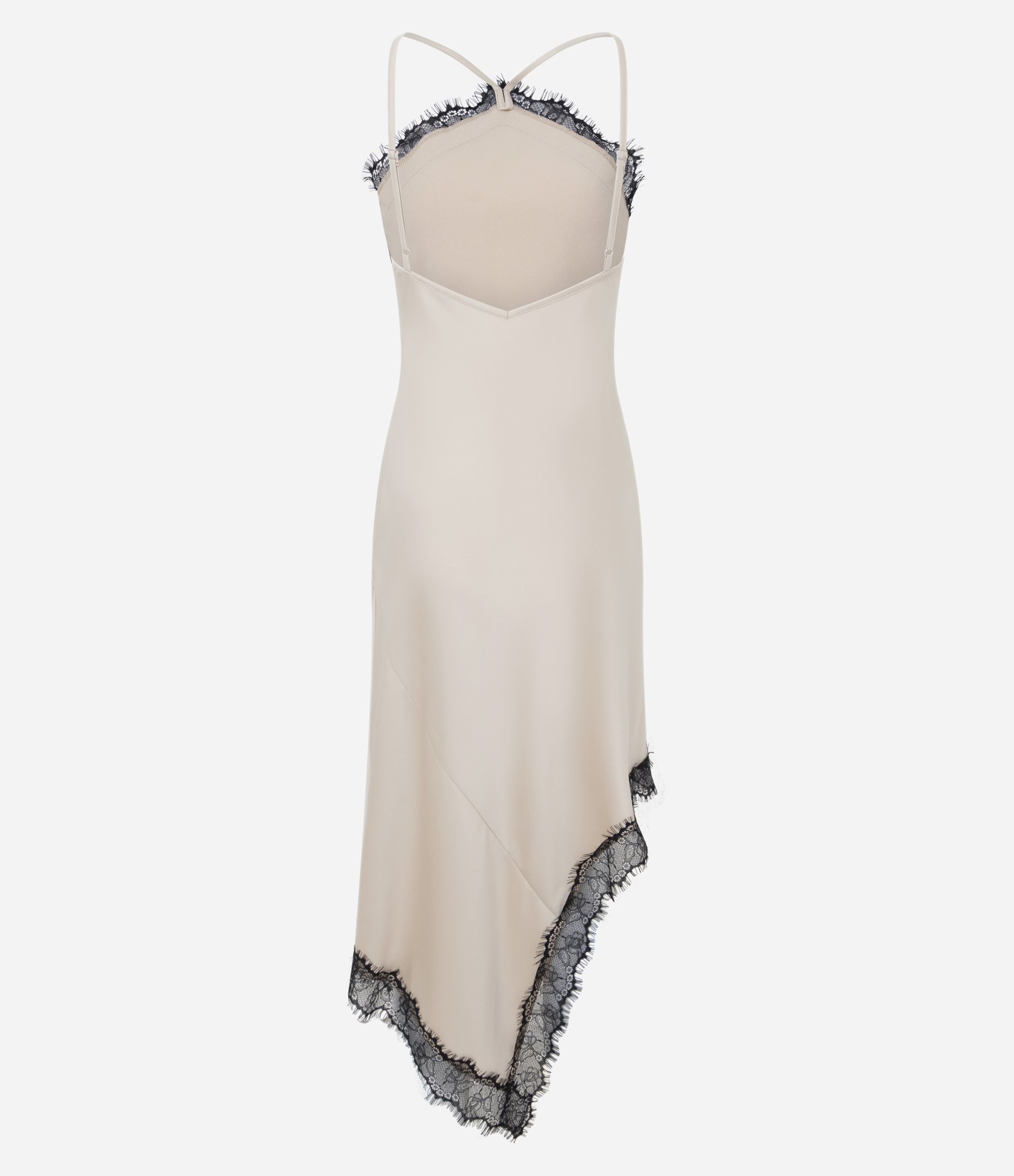 Vestido Midi em Cetim com Barra Assimétrica e Detalhes em Renda Champagne 9