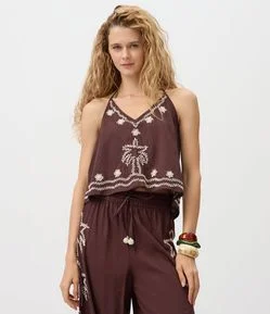 Blusa Frente Única em Cotton com Bordado de Coqueiro