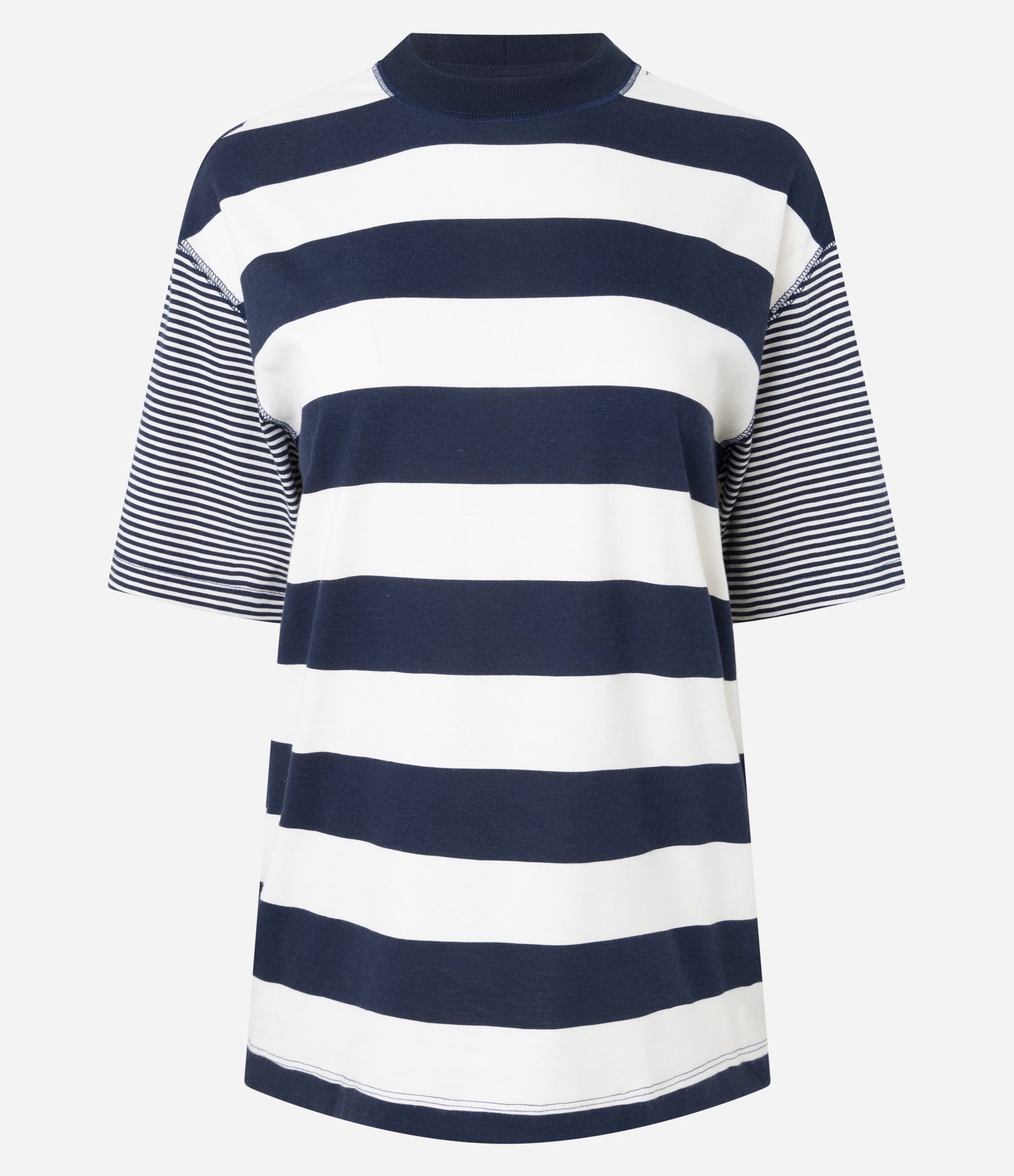 Camiseta T-Shirt Listrada em Algodão com Costura Aparente Branco/Azul 1