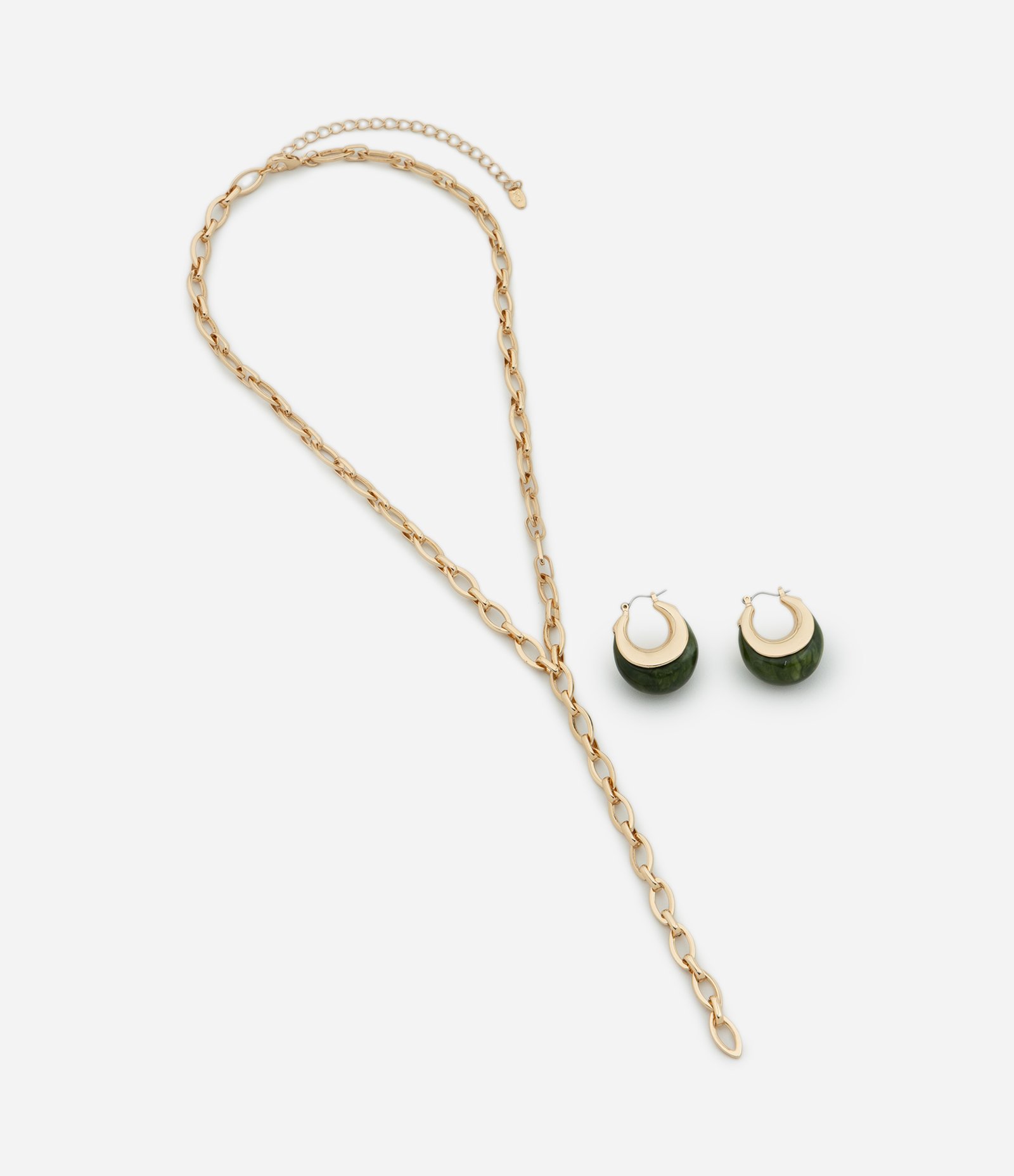 Conjunto de Colar Gravata e Brinco Argola Resinado Dourado/Verde 1