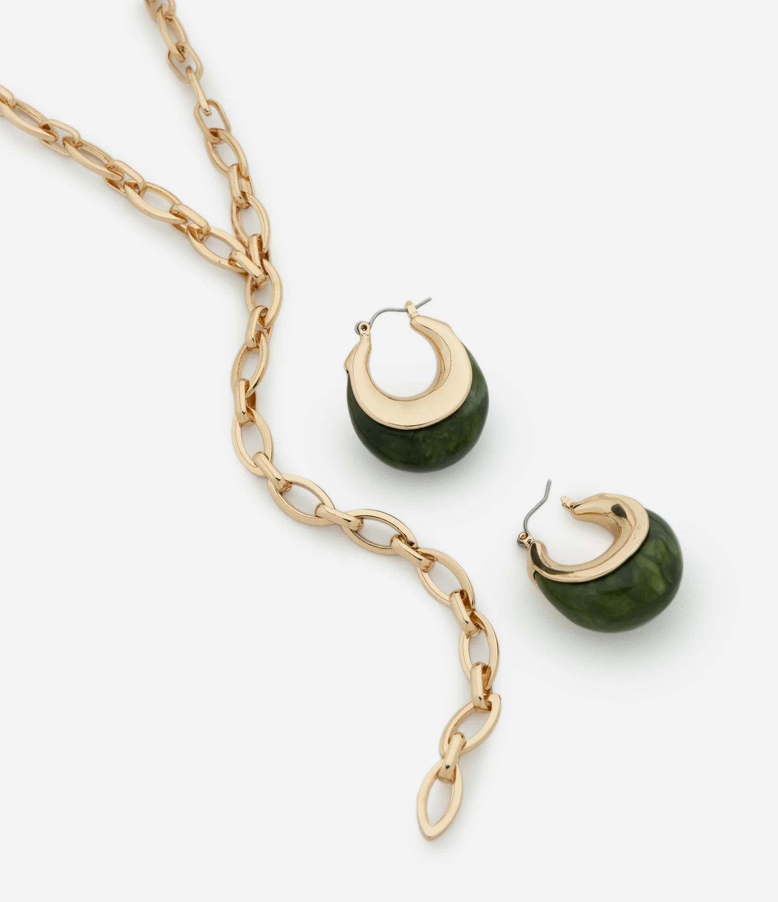 Conjunto de Colar Gravata e Brinco Argola Resinado Dourado/Verde 2