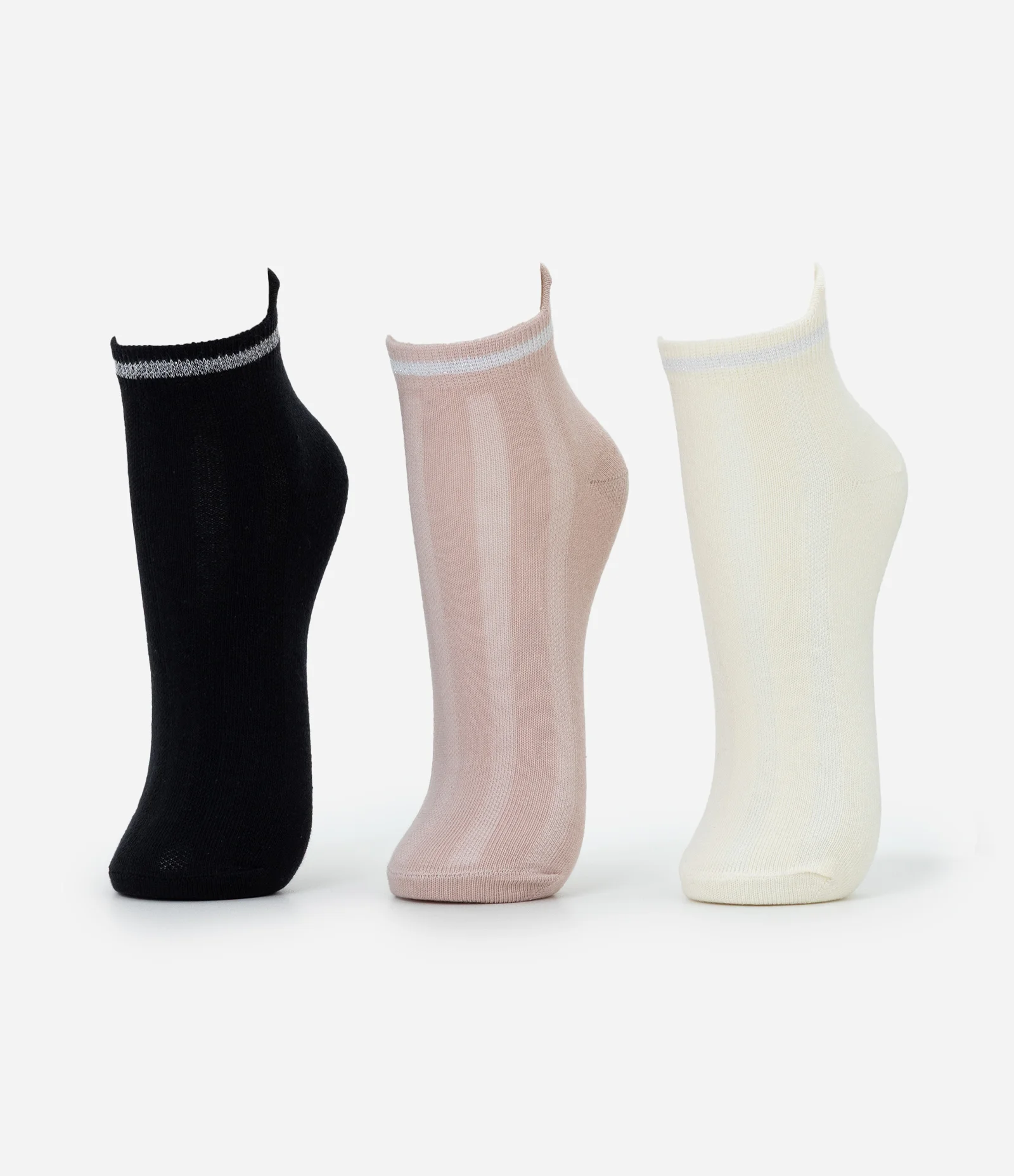 Kit 03 Pares de Meia Cano Baixo em Algodão com Detalhe Metalizado Rosa/Preto/Off White 1