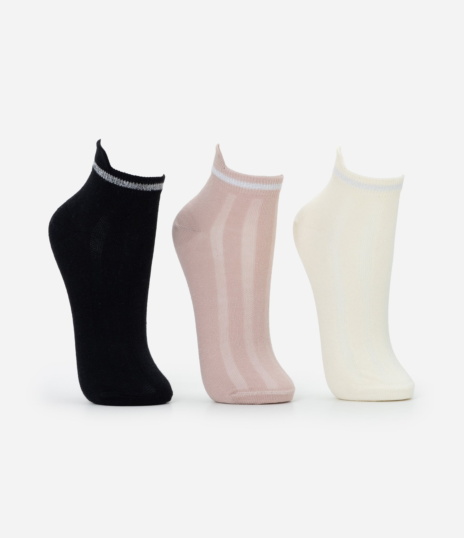 Kit 03 Pares de Meia Cano Baixo em Algodão com Detalhe Metalizado Rosa/Preto/Off White 2