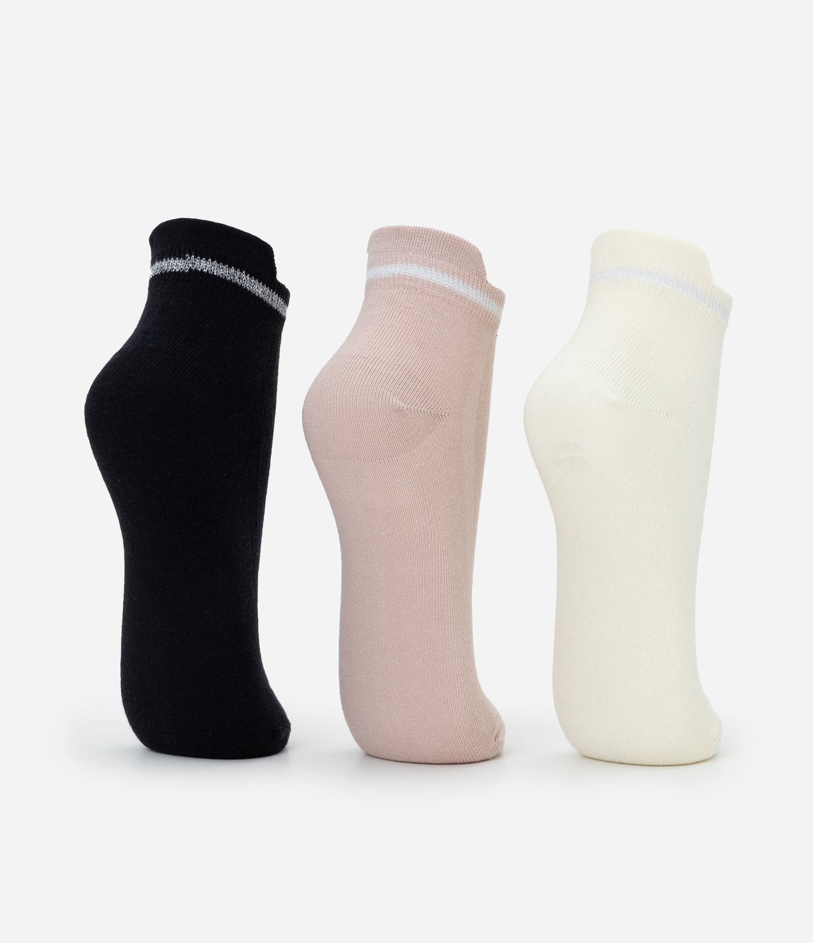 Kit 03 Pares de Meia Cano Baixo em Algodão com Detalhe Metalizado Rosa/Preto/Off White 3