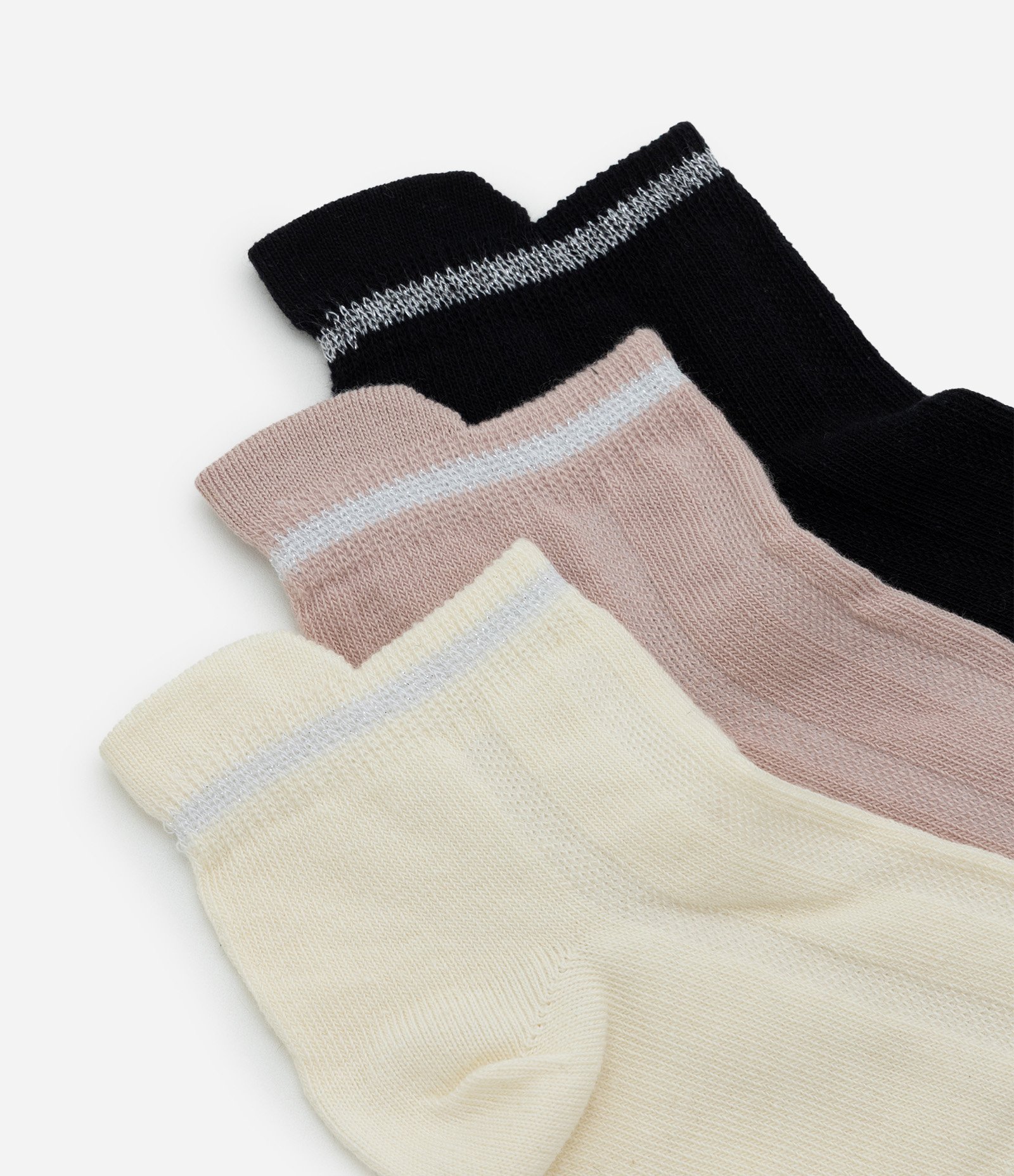Kit 03 Pares de Meia Cano Baixo em Algodão com Detalhe Metalizado Rosa/Preto/Off White 4