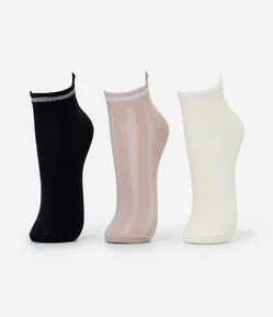 Kit 03 Pares de Meia Cano Baixo em Algodão com Detalhe Metalizado