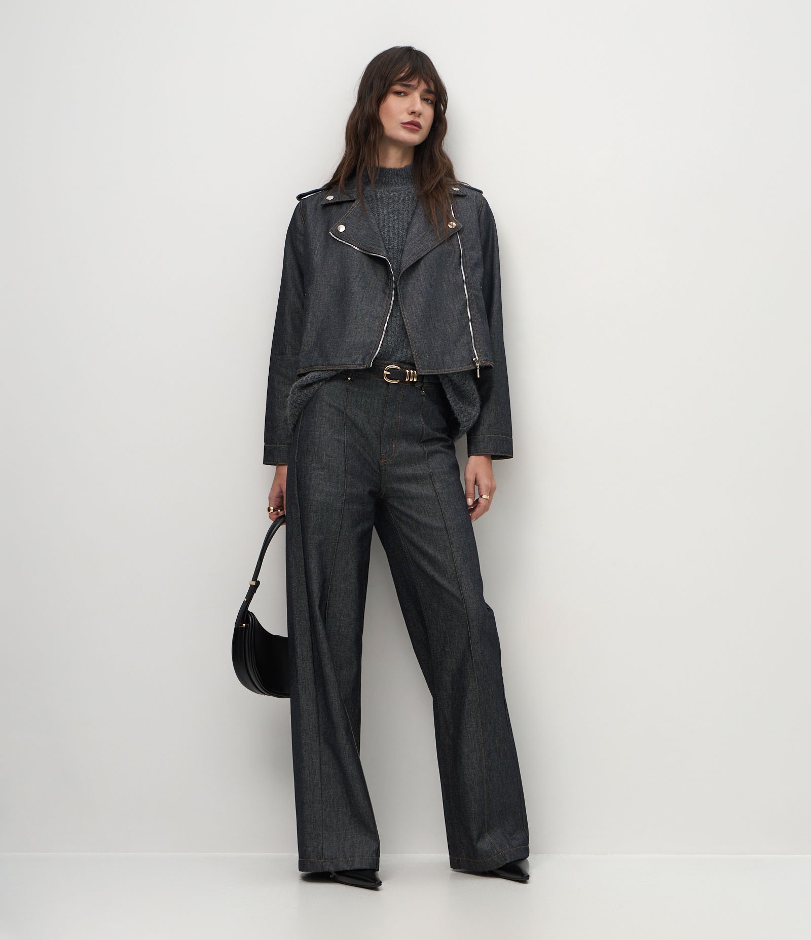 Calça Wide Leg em Jeans com Cintura Alta e Cós Alfaiatado Preto 1