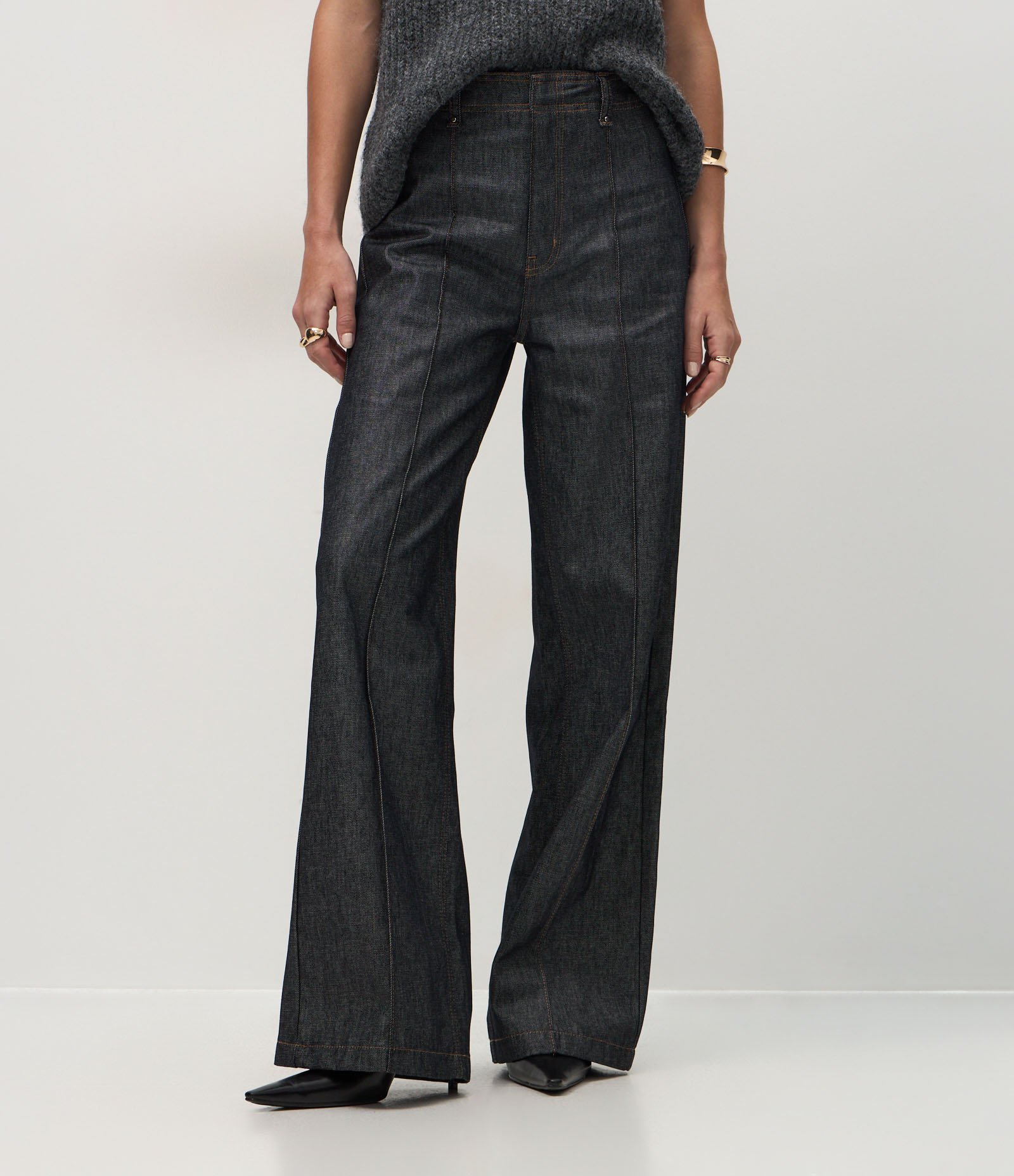 Calça Wide Leg em Jeans com Cintura Alta e Cós Alfaiatado Preto 3