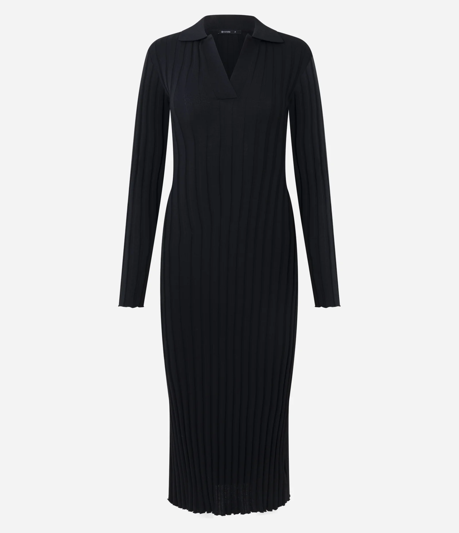 Vestido Midi Ajustado em Tricô com Gola Polo Preto 1