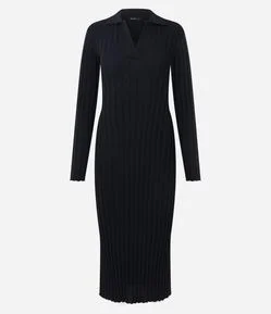 Vestido Midi Ajustado em Tricô com Gola Polo
