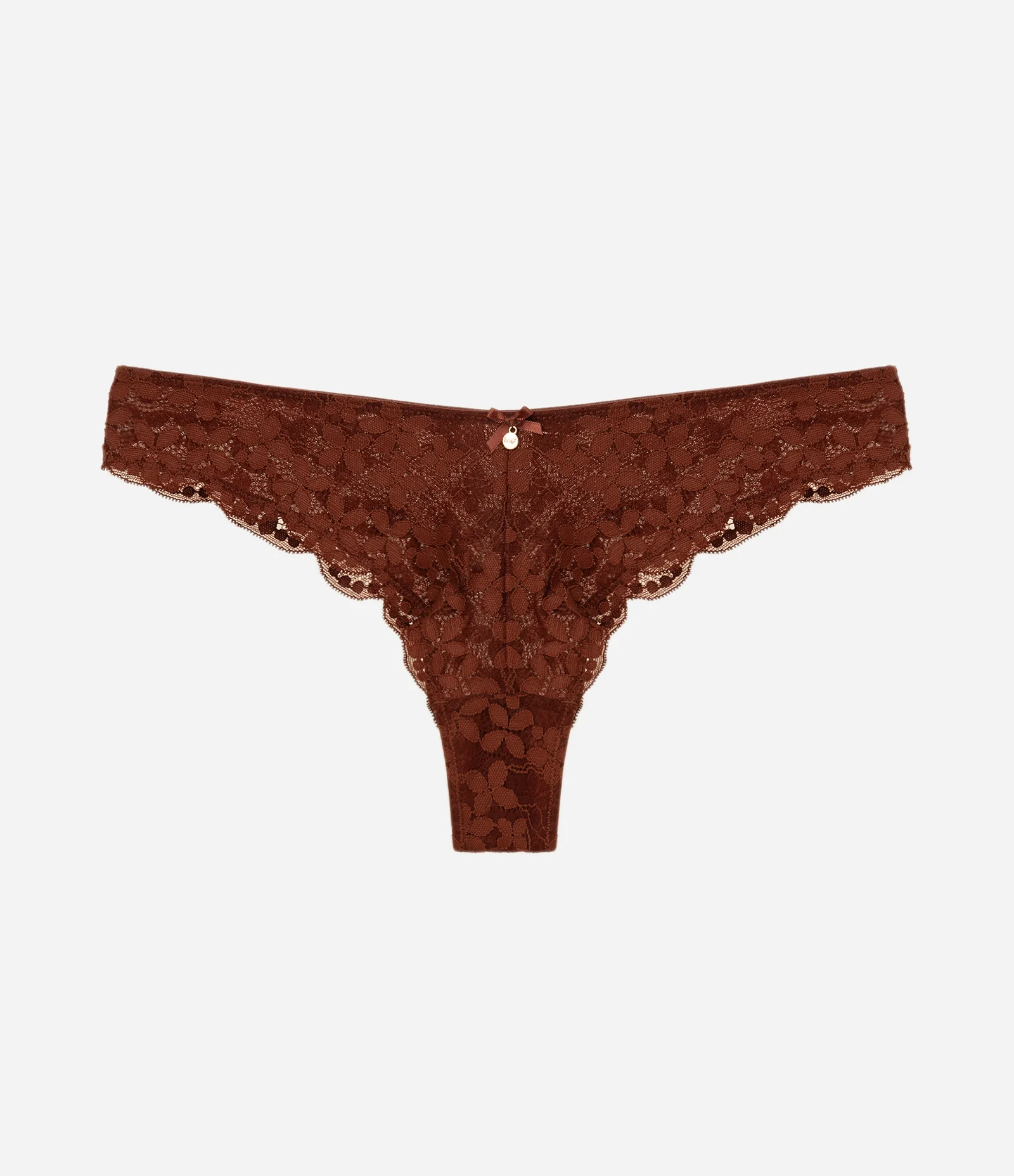 Calcinha Biquíni Fio em Renda Floral Marrom 2