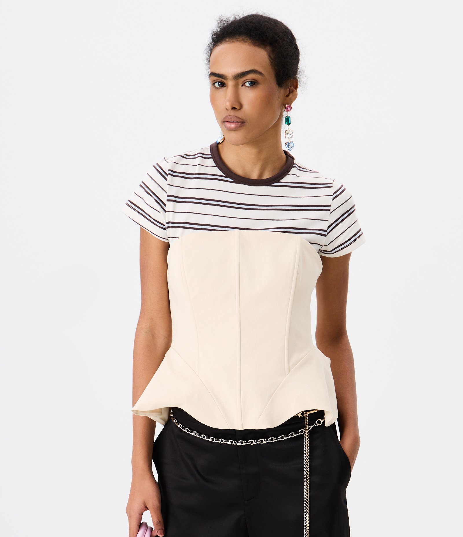 Blusa Corset em Bengaline com Barra Peplum Bege 1