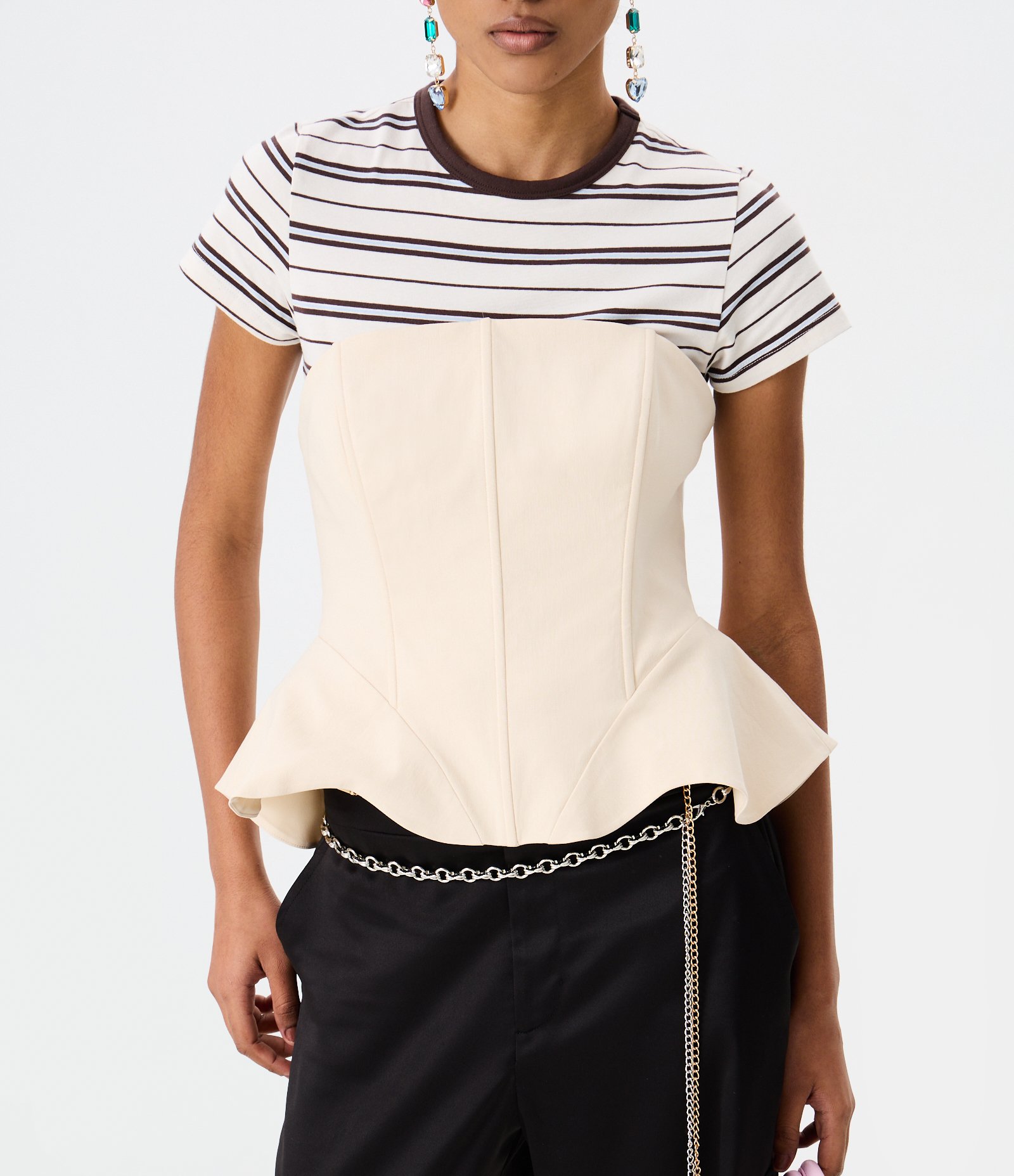 Blusa Corset em Bengaline com Barra Peplum Bege 2
