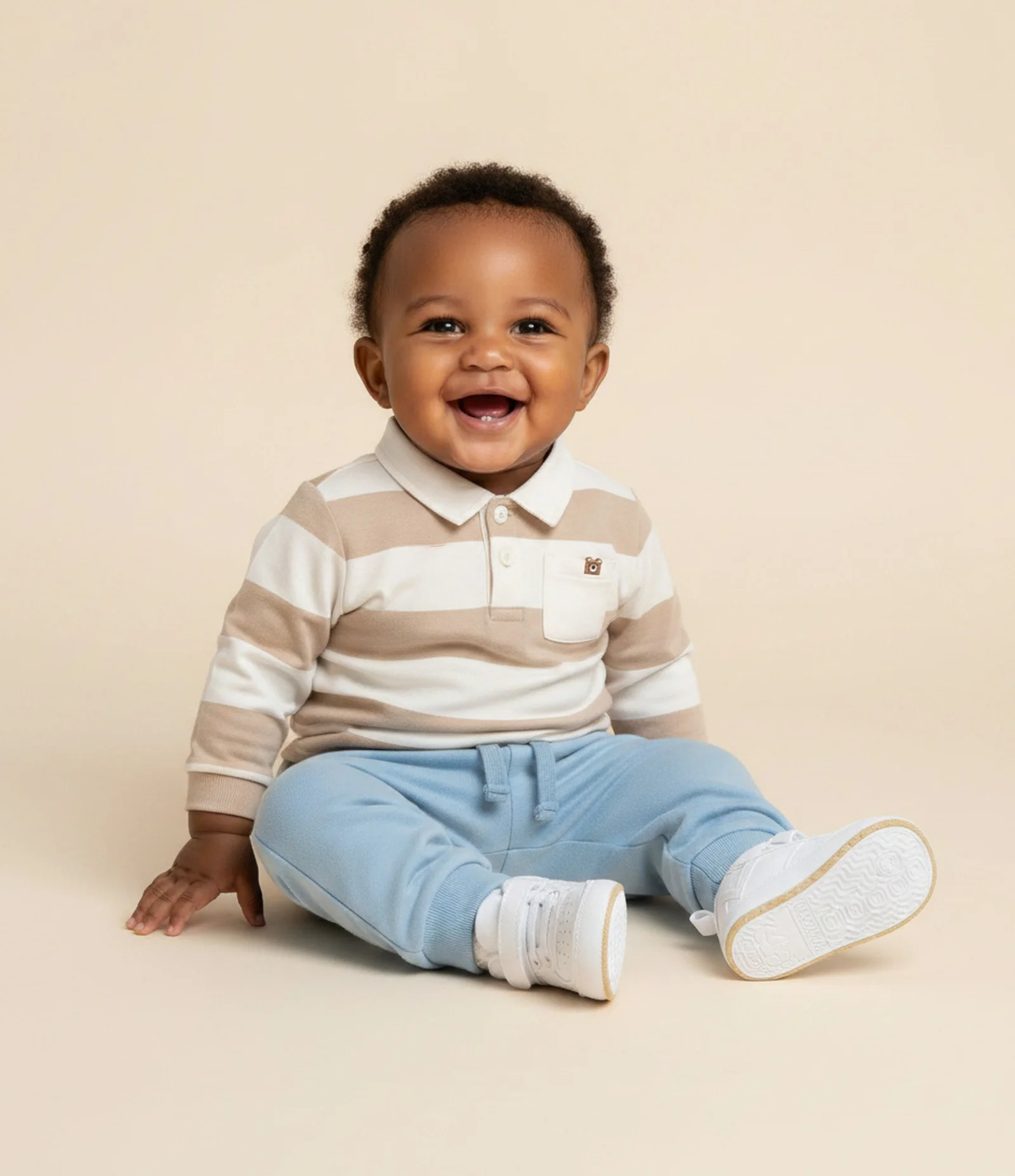 Casaco Bebê Listrado com Gola Polo – Tam 0 a 18 Meses Bege/Branco 1