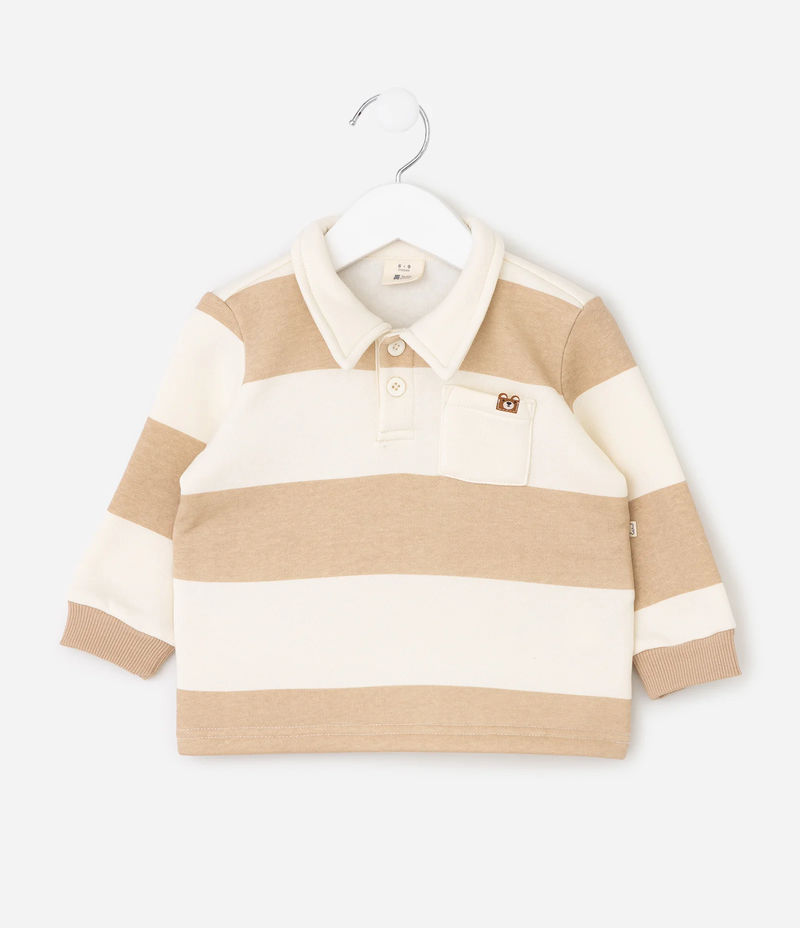 Casaco Bebê Listrado com Gola Polo – Tam 0 a 18 Meses Bege/Branco 2