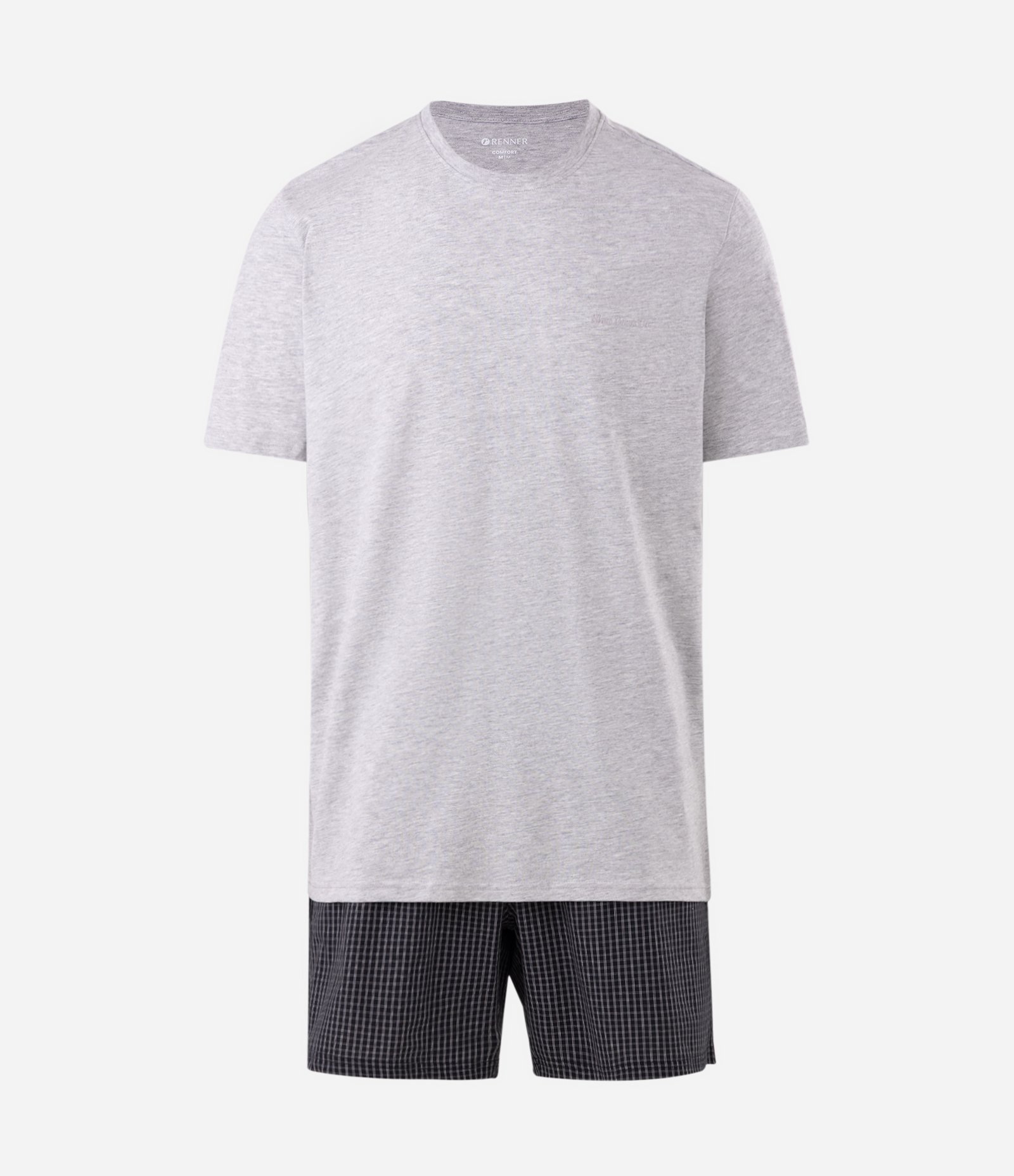 Pijama Curto em Algodão Xadrez Cinza 1