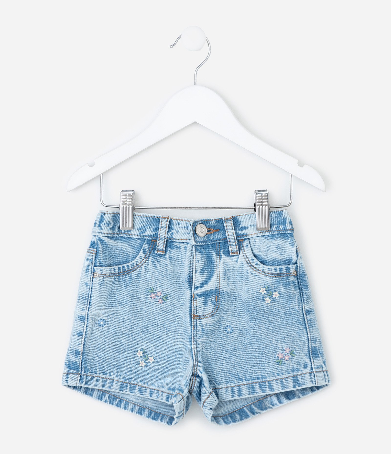 Short Jeans Infantil com Florzinhas Bordadas - Tam 1 a 5/6 Azul 2