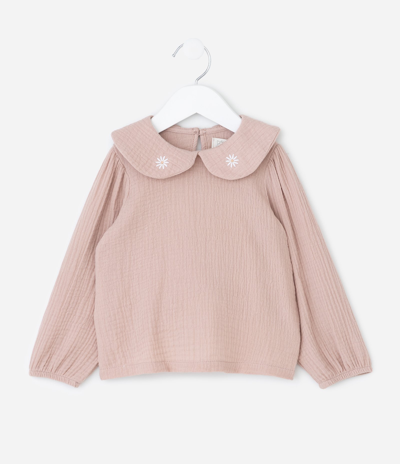 Blusa Infantil em Anarruga com Gola Boneca Bordada – Tam 1 a 6 Anos Rosa Antigo 1